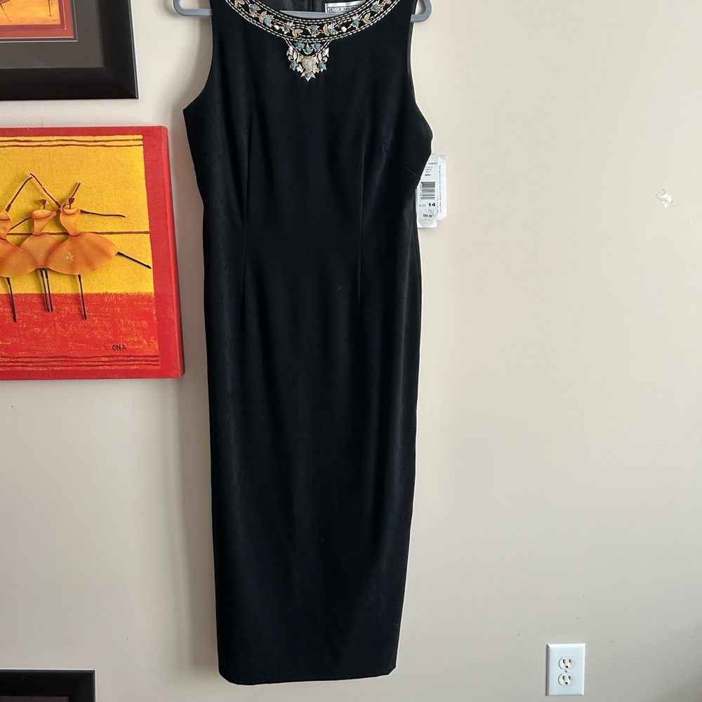 Jessica Howard Black Midi Dress with Embellished Neckline